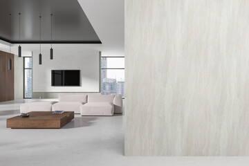 Cozy home living room interior with couch and panoramic window, empty wall