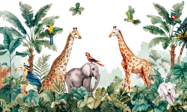 A watercolor illustration of A lively scene with various animals like lions