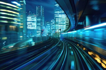 Fototapeta na wymiar Train Background. Abstract Motion Blur of Train Inside Tokyo Tunnel with City Landscape