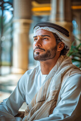 Emirati Man Sitting.  Generated Image.   Emirati man sitting on a classy hotel chair with an elegant hotel lobby background and backlit.
