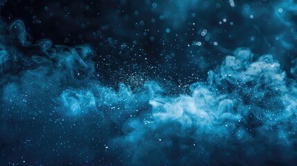 Blue Shiny Background. Night Sky with Sparkling Blue Particles and Smoke Floating on Dark Abstract Art