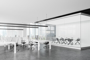 White office interior with coworking and glass conference room, panoramic window - obrazy, fototapety, plakaty