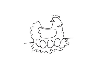 Single continuous line drawing of the Chicken incubating eggs. Successful farming minimalism concept. Dynamic one line draw graphic design vector illustration.
