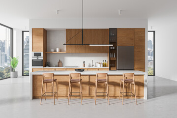 Modern kitchen with wooden cabinetry, bar stools and a city view, bright natural light, concept of urban living. 3D Rendering