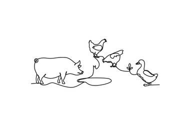 Single continuous line drawing of the Pigs, chickens and geese on the farm. Successful farming minimalism concept. Dynamic one line draw graphic design vector illustration.
