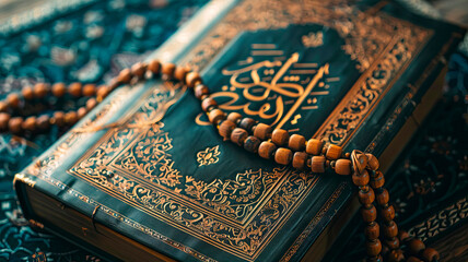 Koran and rosary close-up. Selective focus.