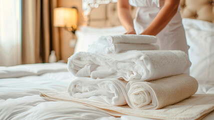 Fototapeta na wymiar the maid folds the towels. Selective focus.