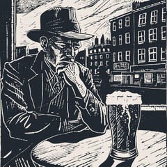 A man in a fedora hat sits in a pub with a mug of beer, vector illustration