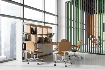 Office interior with coworking and glass conference room, panoramic window