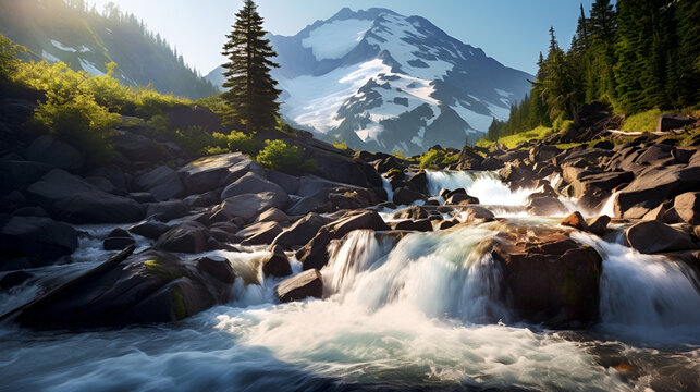 River stream waterfall in the anow covered mountains beautiful view in the background 