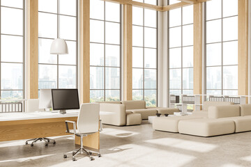 Modern office interior with coworking and relaxing zone, panoramic window