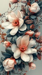 Elegant floral wallpaper showcasing an illustration of blooming white flowers with lush greenery on a muted background. 