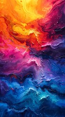 Obraz na płótnie Canvas Vibrant abstract painting with a colorful blend of orange, red, purple, and blue resembling a cosmic galaxy scene.