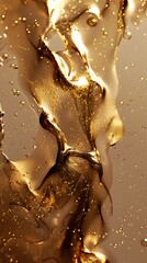 Golden liquid texture flowing with light reflection and droplets captured in high detail for a luxurious feel 