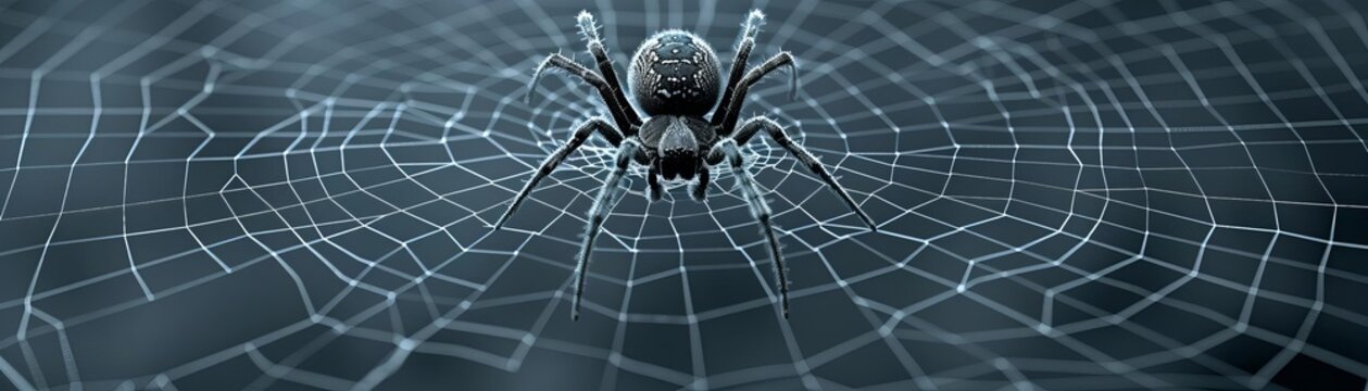 A close up of a black spider on a web.