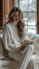 A beautiful brunette woman with striking eyes and a radiant smile sitting engrossed in her book, her fashionable look and natural poise making her appear like a model amidst the surrounding peo