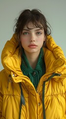 A striking young brunette woman, her radiant smile and fashionable yellow coat catching the eye amidst the winter crowd, exuded a youthful beauty