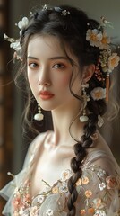 An elegant woman with intricate floral hair accessories poses gracefully in a soft light, exuding ethereal beauty. 