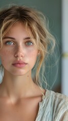 Portrait of a young woman with an ethereal and natural beauty. She has delicate facial features, pale skin, and light blue eyes that gaze directly at the camera with an introspective expression