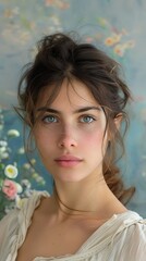 Portrait of a young woman with an ethereal and natural beauty. She has delicate facial features, pale skin, and light blue eyes that gaze directly at the camera with an introspective expression