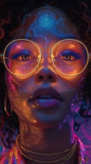 A striking portrait of a woman with glowing neon makeup and glasses illuminated by vibrant blue and purple lights, exuding a futuristic vibe. 