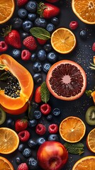 An assortment of colorful fresh fruits, including citrus, berries, and kiwi, artistically arranged on a dark background for a vibrant contrast 