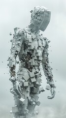 A digital humanoid figure disintegrates into an array of floating cubes against a muted background. 