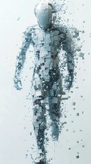 A digital human form disintegrates into an array of floating 3D pixels on a clean background. 