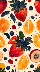 A colorful and vibrant illustration featuring assorted fruits like strawberries, oranges, kiwifruits, and berries on a cream background for a fresh and healthy look. 