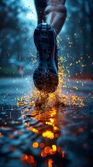 A dynamic close-up of a running shoe splashing through water with vibrant light reflections captured in a nighttime setting. 