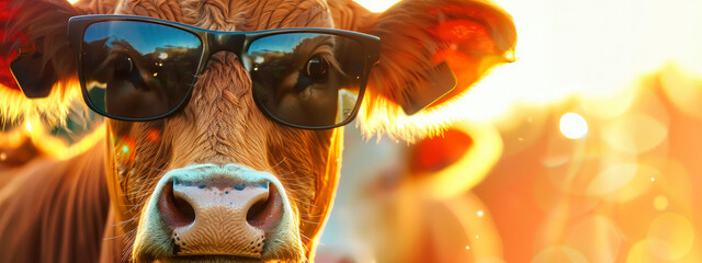 cow in sunglasses in the field. Selective focus.