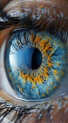 Close-up of a human eye with intricate blue iris details and long eyelashes, symbolizing clarity and vision 