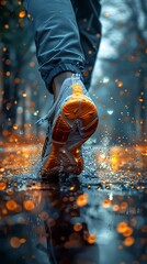 Close-up of a person's orange-soled shoes splashing through a puddle on a rainy day, evoking a sense of dynamic movement and energy. 