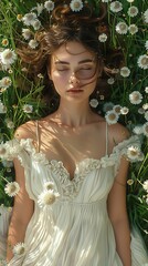 A young woman lying in a field of daisies, enjoying a serene moment as sunlight filters through, reflecting peace and natural beauty. 