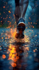A runner's feet splash through water with dynamic lighting and sparkling droplets at twilight, capturing a moment of athletic determination and energy. 
