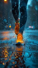 A person in orange sneakers stepping into a puddle on a rainy street illuminated by city lights at dusk. 
