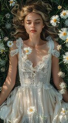A young woman in a white lace dress lies peacefully among daisy flowers, evoking a serene and dreamy atmosphere. 