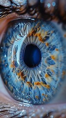 A close-up macro shot capturing the intricate details of a human eye with a bright blue iris and surrounding eyelashes in sharp focus 
