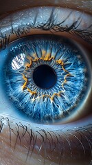 Close-up of a human eye with intricate blue iris details and eyelashes against a warm glow...