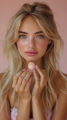 A young woman with blonde hair and blue eyes holding a pink macaron against a soft pink background. 