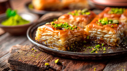 Turkish baklava with pistachio. Selective focus.
