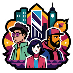 Visually striking sticker featuring a stylized city skyline backdrop, enhanced by vibrant street art elements and the presence of chic, trendsetting individuals in sleek urban attire