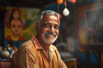 Fototapeta premium senior indian man sitting at colorful art studio