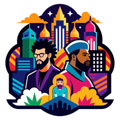 Visually striking sticker featuring a stylized city skyline backdrop, enhanced by vibrant street art elements and the presence of chic, trendsetting individuals in sleek urban attire