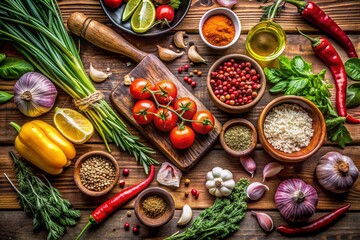 Artfully Arranged Ingredients: An image featuring a visually appealing arrangement of fresh ingredients, perhaps on a rustic wooden surface, conveying the essence of cooking and culinary creativity.
 - obrazy, fototapety, plakaty