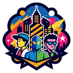 Visually striking sticker featuring a stylized city skyline backdrop, enhanced by vibrant street art elements and the presence of chic, trendsetting individuals in sleek urban attire