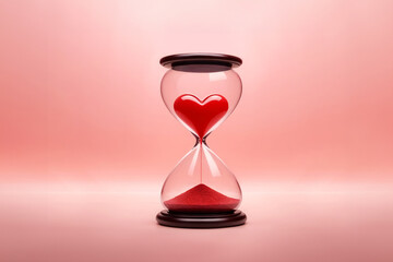 hourglass with red heart. Red heart flowing in hourglass on pastel background - Time for love concept	