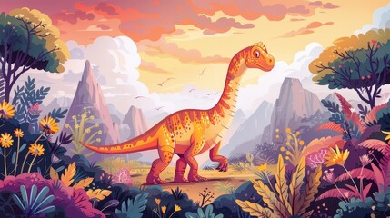 A children's book illustration of a friendly dinosaur frolicking among a colorful prehistoric landscape