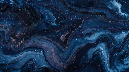 Shining indigo abyss marble ink infused with twinkling coral glitters, illuminating the depths of the darkest cosmic abyss. - obrazy, fototapety, plakaty