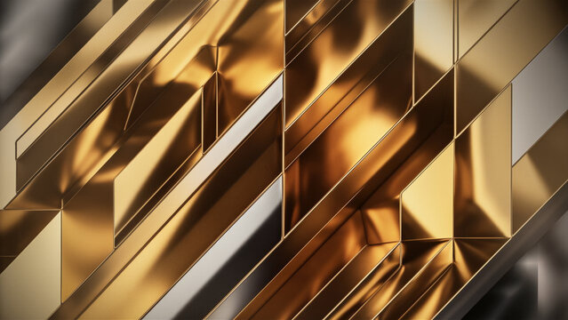 A shiny metallic background of gold and rhodium, formed by straight and curved lines.